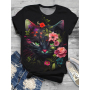Women Floral Cat Print Short Sleeve Crew Neck T-Shirt